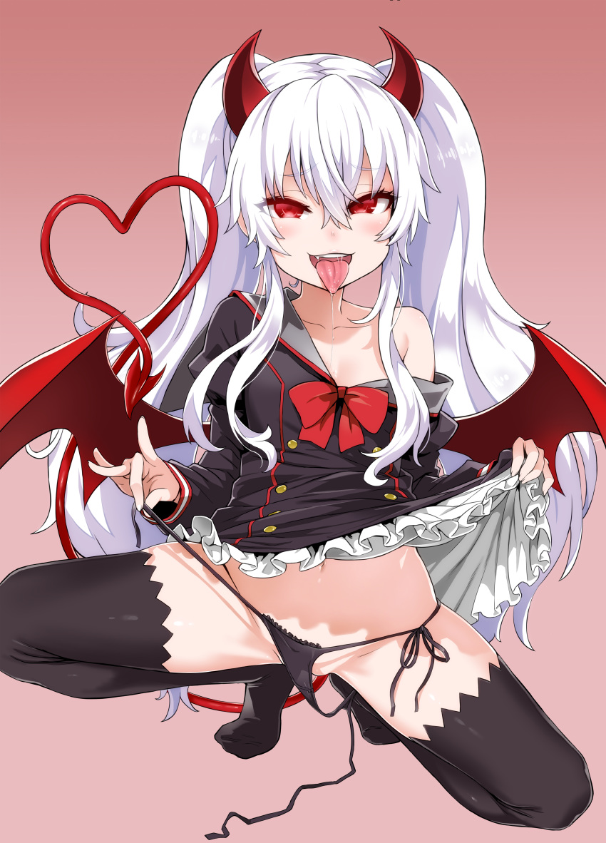 absurdres albino asanagi bangs black_dress black_legwear black_panties blush bow bowtie collarbone crossed_bangs dark_persona demon_girl demon_horns demon_tail demon_wings double-breasted dress dress_lift drooling evo_grim eyebrows_visible_through_hair eyes_visible_through_hair fanbox_reward fang fingernails full_body gradient gradient_background gradient_horns grim_aloe groin hair_between_eyes heart heart_tail highres horns juliet_sleeves long_hair long_sleeves looking_at_viewer low_wings naughty_face navel no_shoes off_shoulder open_mouth paid_reward panties pink_background puffy_sleeves quiz_magic_academy quiz_magic_academy_the_world_evolve red_eyes red_horns red_neckwear red_tail red_wings sailor_dress saliva shiny shiny_hair side-tie_panties sidelocks single_bare_shoulder smile solo spread_legs squatting tail thighhighs tongue tongue_out twintails underwear untied untied_panties untying very_long_hair white_hair wings