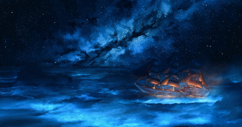 cable highres horizon light milky_way night night_sky no_humans ocean original outdoors sail scenery ship sky star_(sky) starry_sky water watercraft window wsxmax