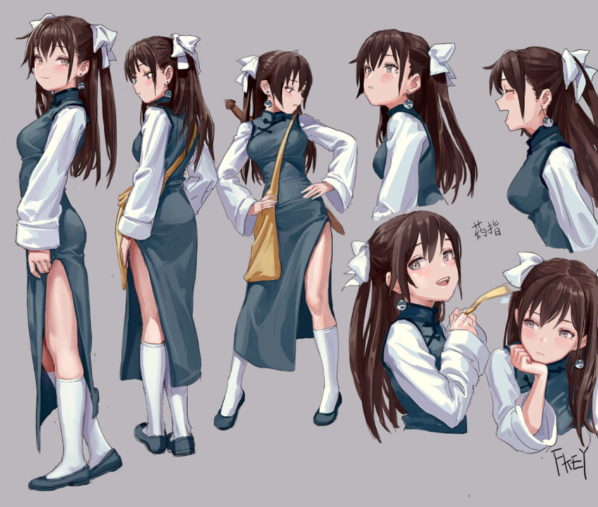 blush brown_eyes brown_hair chinese_clothes chinese_dress fkey gray kneehighs long_hair original signed sketch twintails