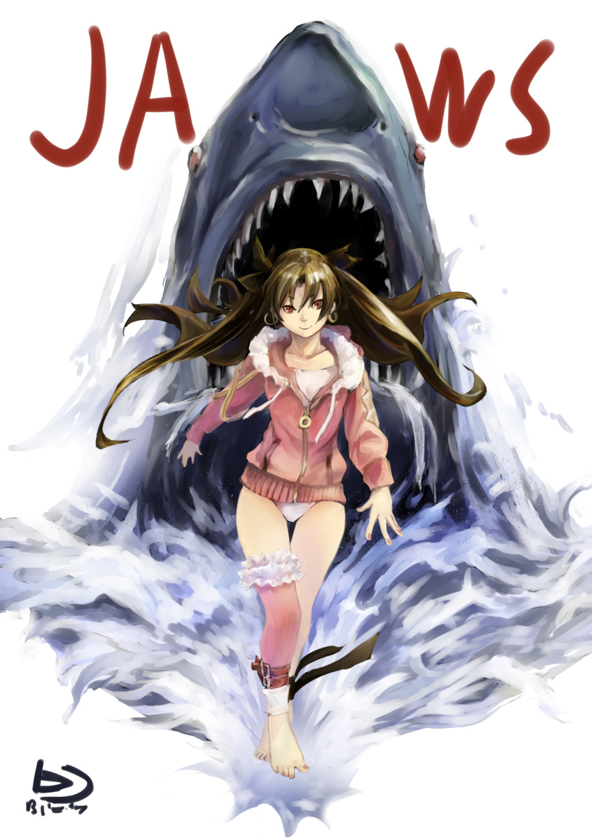 1girl artist_request bikini brown_hair full_body jaws_(movie) light_smile shark swimsuit tagme white_bikini