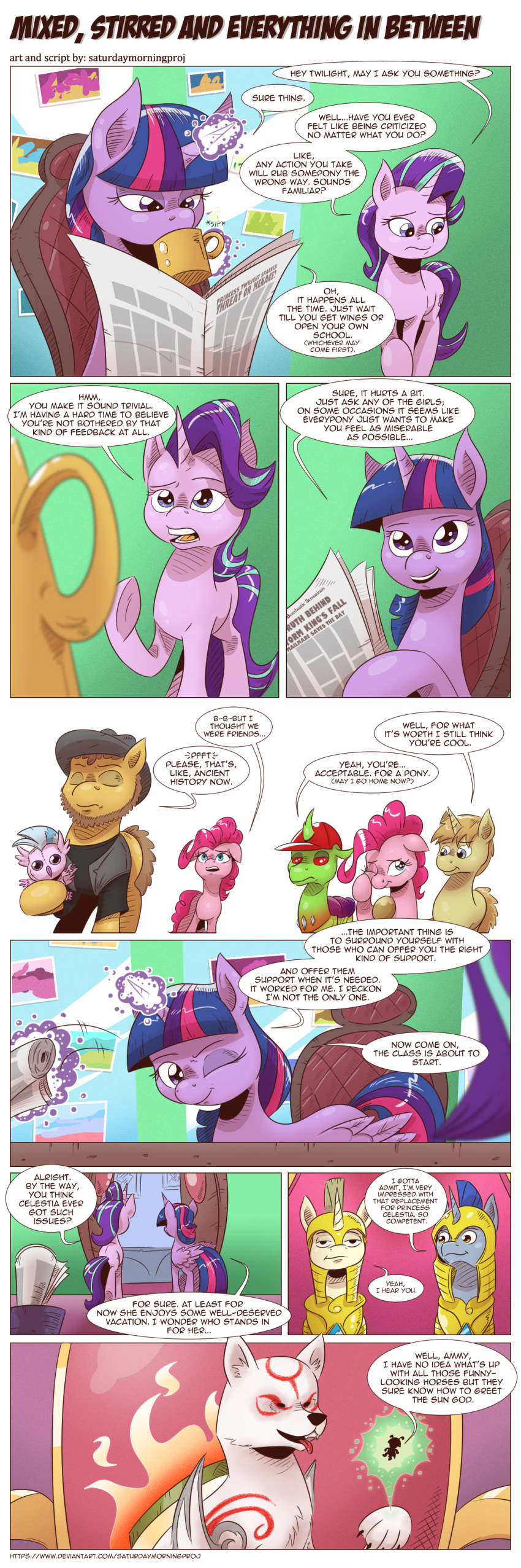 2018 amaterasu armor canine changeling comic cup deity dialogue drinking earth_pony english_text equine fan_character female friendship_is_magic galea helmet horn horse levitation magic mammal my_little_pony neckbeard newspaper pinkie_pie_(mlp) plushie pony royal_guard_(mlp) saturdaymorningproj silverstream_(mlp) starlight_glimmer_(mlp) text twilight_sparkle_(mlp) unicorn video_games winged_unicorn wings wolf ōkami