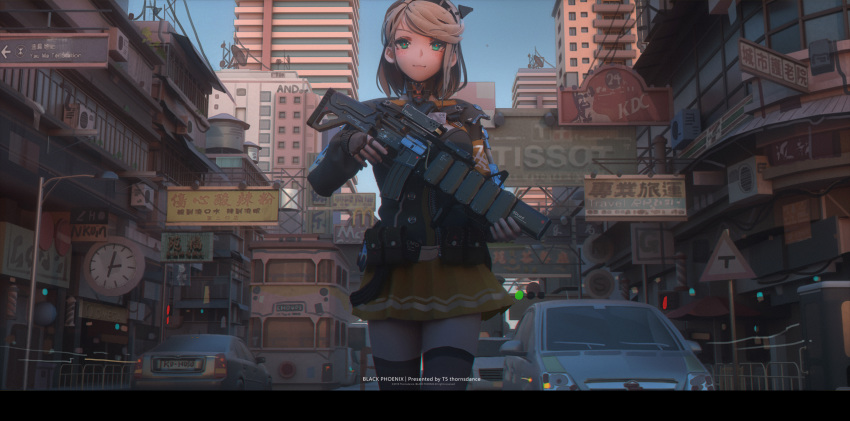 :3 armband assault_rifle bangs black_jacket black_legwear blonde_hair blue_sky blush brand_name_imitation brown_gloves building bus car city clock closed_mouth commentary day english_commentary eyebrows_visible_through_hair fingerless_gloves gloves green_eyes ground_vehicle gun headgear highres holding holding_gun holding_weapon ibara_dance jacket kfc lamppost long_sleeves m4_carbine mcdonald's miniskirt motor_vehicle original outdoors pleated_skirt pouch red_pupils rifle road_sign scenery short_hair sign skirt sky solo storefront sunlight swept_bangs thighhighs traffic_light translation_request weapon yellow_skirt zettai_ryouiki zipper