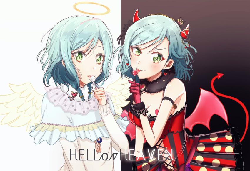 :p angel_and_devil angel_wings bang_dream! black_background blue_hair breasts candy capelet cleavage commentary cross-laced_clothes crown demon_horns demon_tail demon_wings dress dual_persona earrings english english_commentary food frilled_capelet frills fur-trimmed_gloves fur_collar fur_trim gloves green_eyes hairband halo heart heart_earrings highres hikawa_hina horns jewelry licking lollipop long_sleeves looking_at_viewer medium_breasts mini_crown multiple_girls navel_cutout pink_gloves polka_dot_skirt raikou104 short_hair side_braids striped tail tongue tongue_out two-tone_background v-shaped_eyebrows vertical-striped_dress vertical_stripes white_background white_dress wings