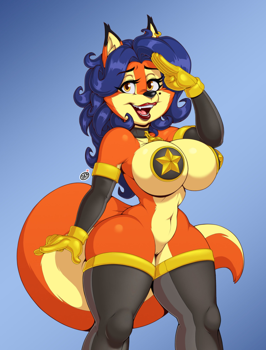 2018 amber_eyes anthro armwear black_nose blue_hair breasts canine carmelita_fox clothing daxzor digital_media_(artwork) ear_piercing eyelashes female fox hair hi_res legwear lipstick long_hair looking_at_viewer makeup mammal mole_(marking) navel open_mouth piercing pussy signature sly_cooper_(series) solo thick_thighs video_games