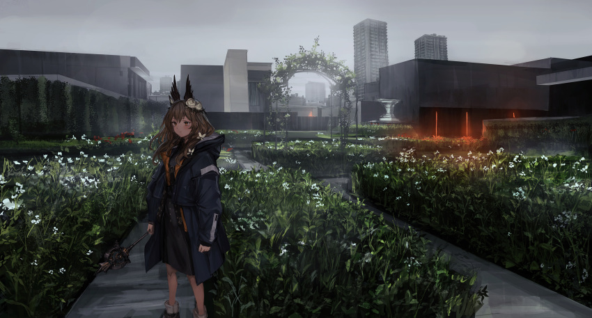 animal_ears arch arms_at_sides bangs bare_legs black_dress black_jacket brown_eyes brown_hair building city dress expressionless flower garden grey_sky hair_flower hair_ornament hair_over_shoulder hedge_(plant) highres holding holding_wand hood jacket lavender_quartz lm7_(op-center) long_hair long_sleeves looking_away outdoors plant red_flower scenery shoes sidelocks skyscraper solo standing statue torabishi_lana wand white_flower