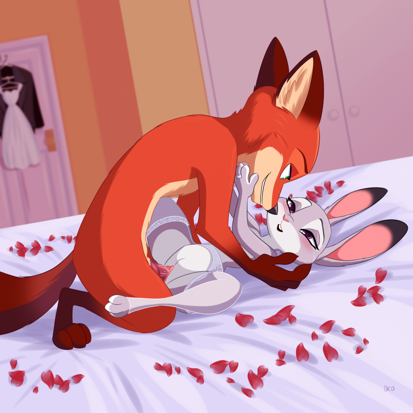 2018 animal_genitalia animal_penis anthro bed blush canine canine_penis caress disney eye_contact female fox garter_belt garter_straps hi_res honeymoon judy_hopps knot lagomorph lying male male/female mammal missionary_position nick_wilde on_back penetration penis petals pussy pussy_juice rabbit ring romantic sex size_difference skeletonguys-and-ragdolls spread_legs spreading vaginal vaginal_penetration zootopia