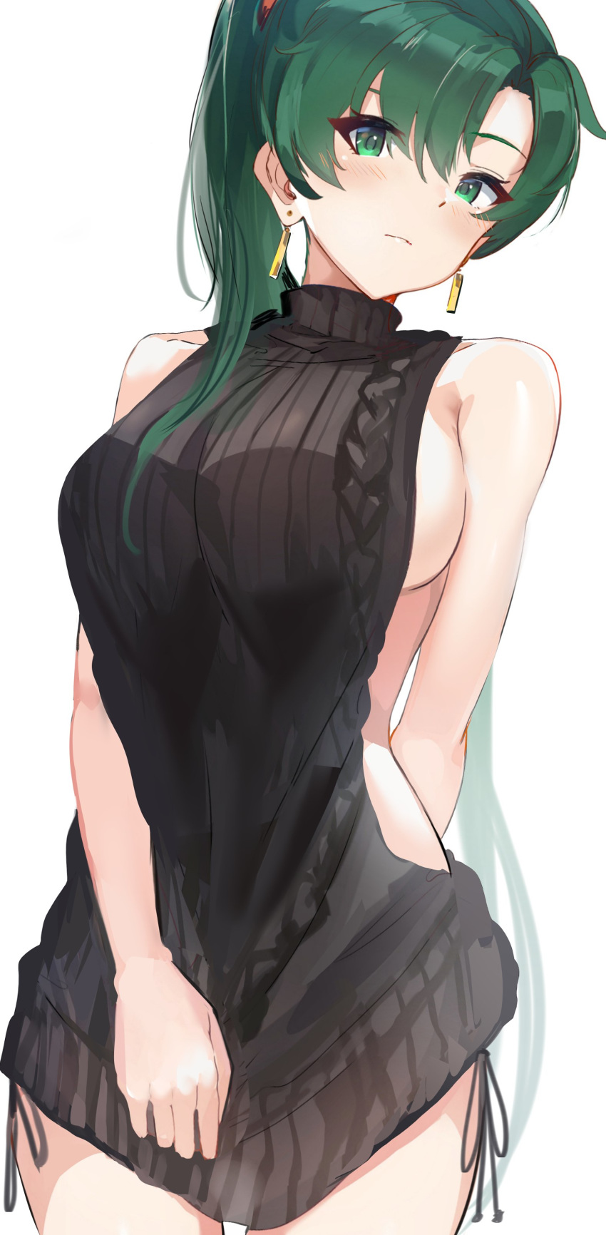 absurdres aran_sweater backless_dress backless_outfit bangs bare_arms bare_hips bare_shoulders black_sweater blush breasts closed_mouth commentary dress earrings eyebrows_behind_hair fire_emblem fire_emblem:_rekka_no_ken green_eyes green_hair high_ponytail highres hips jewelry large_breasts long_hair looking_at_viewer lyndis_(fire_emblem) meme_attire ormille ponytail ribbed_sweater sideboob simple_background solo sweater sweater_dress symbol_commentary turtleneck turtleneck_sweater very_long_hair virgin_killer_sweater white_background