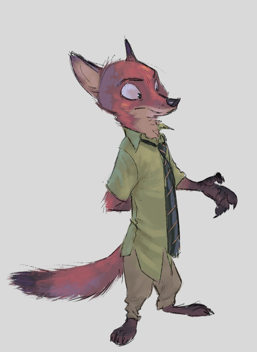 2018 absurd_res anthro barefoot canine claws clothed clothing dipstick_tail disney fox gloves_(marking) green_eyes hand_behind_back hi_res male mammal markings monoflax multicolored_tail necktie nick_wilde simple_background socks_(marking) solo standing toe_claws white_background zootopia