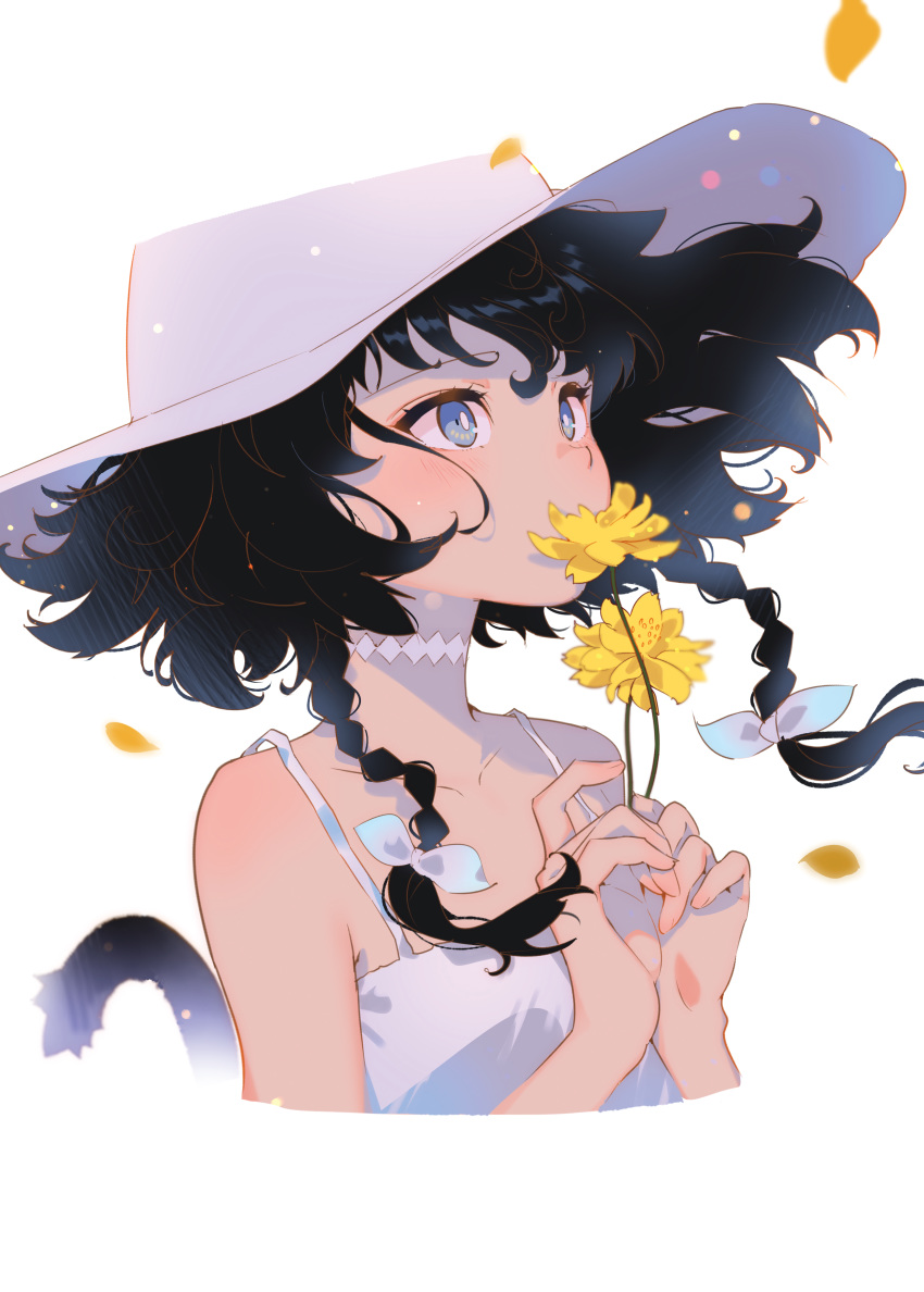 absurdres animal_ears arutera bad_id bad_pixiv_id banned_artist black_hair blue_eyes braid cat_ears cat_tail commentary_request cropped_torso dress flower hands_up hat highres original petals short_hair_with_long_locks simple_background solo sun_hat sundress tail twin_braids upper_body white_background white_dress
