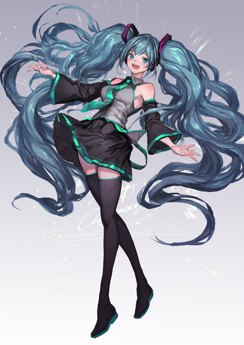 absurdres aqua_eyes aqua_hair armpits bare_shoulders blue_eyes detached_sleeves floating_hair green_hair hatsune_miku highres lm7_(op-center) long_hair looking_at_viewer necktie outstretched_hand skirt sleeveless solo standing thighhighs twintails very_long_hair vocaloid wide_sleeves