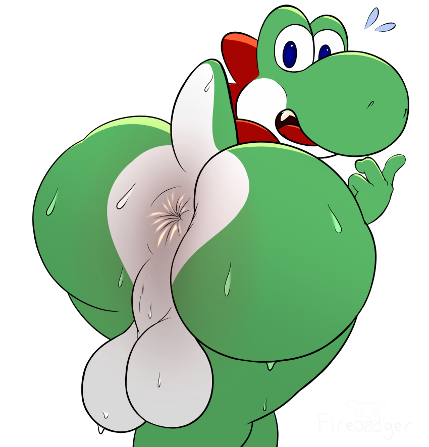 2018 absurd_res alternate_version_at_source anthro anus backsack balls big_anus big_balls big_butt blue_eyes butt countershading digital_media_(artwork) fangs firebadger green_skin green_yoshi hi_res looking_at_viewer looking_back male mario_bros markings nintendo nude open_mouth presenting presenting_hindquarters red_markings signature simple_background solo surprise sweat sweaty_balls sweaty_butt tongue video_games white_background white_countershading yoshi