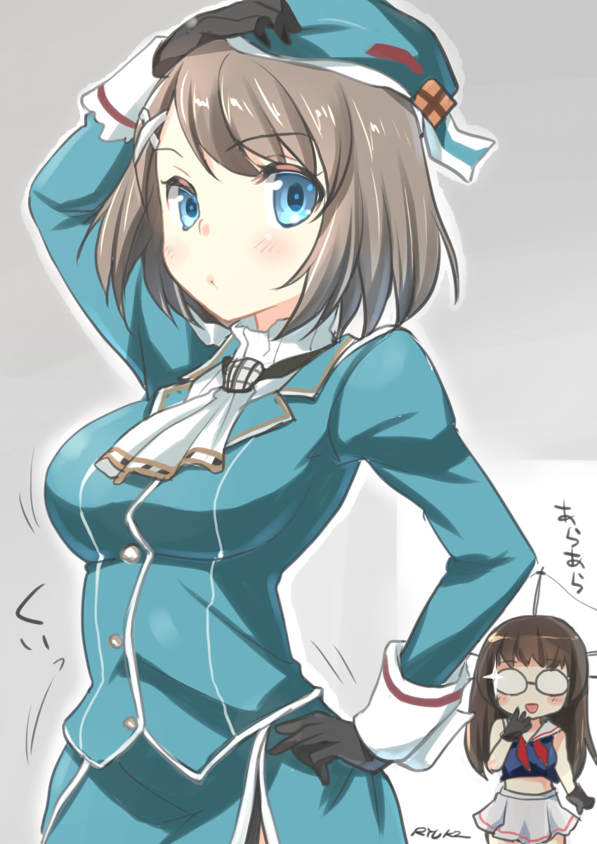 absurdres blouse breasts brown_hair choukai_(kantai_collection) commentary_request cosplay cowboy_shot glasses gloves hat highres kantai_collection long_hair maya_(kantai_collection) medium_breasts multiple_girls ryuki_(ryukisukune) short_hair skirt takao_(kantai_collection) takao_(kantai_collection)_(cosplay) translated uniform