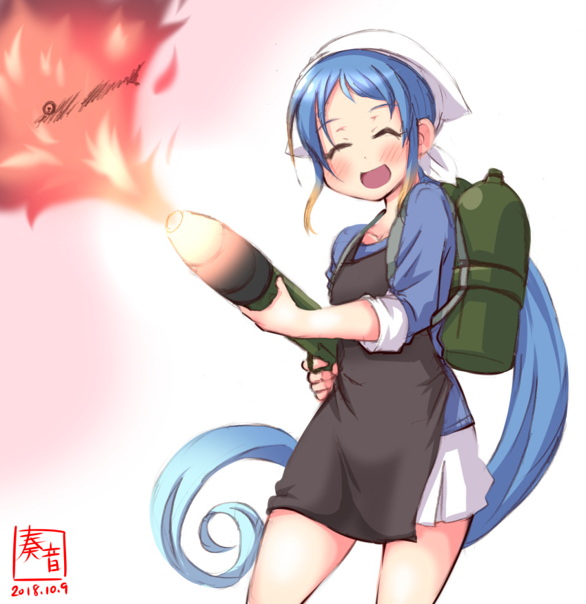 alternate_costume apron artist_logo black_apron blouse blue_blouse blue_hair commentary_request dated fire fish flame flamethrower gradient gradient_hair head_scarf highres holding kanon_(kurogane_knights) kantai_collection long_hair looking_at_viewer multicolored_hair open_mouth samidare_(kantai_collection) saury shirt signature simple_background smile solo very_long_hair weapon white_background white_shirt