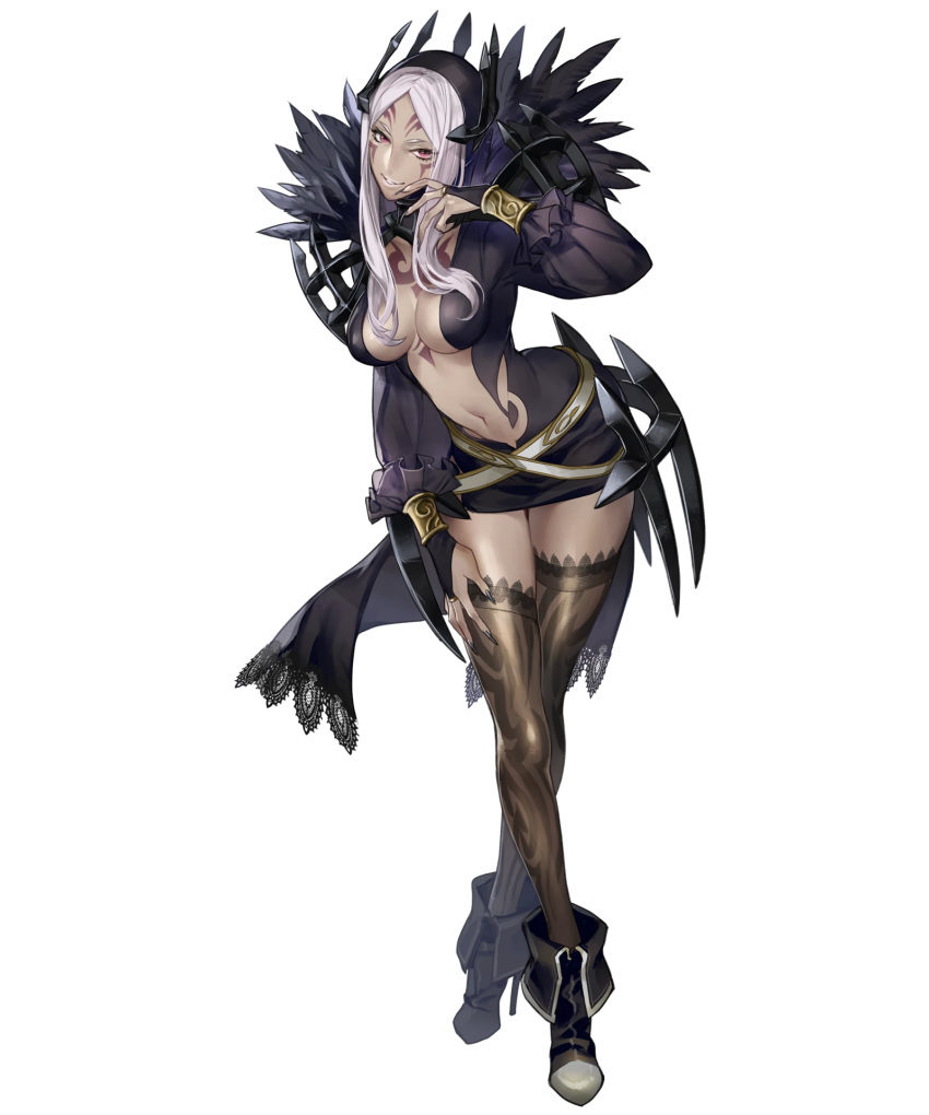 ankle_boots armor bangs black_legwear boots bracelet breasts bridal_gauntlets cleavage dark_skin detached_sleeves dress facial_mark feather_trim feathers fingernails fire_emblem fire_emblem:_kakusei fire_emblem_heroes full_body high_heels highres inverse_(fire_emblem) jewelry large_breasts long_fingernails long_hair long_sleeves looking_at_viewer navel official_art p-nekor parted_bangs parted_lips red_eyes seductive_smile shiny shiny_clothes shiny_skin short_dress sidelocks silver_hair smile solo standing thighhighs transparent_background turtleneck zettai_ryouiki