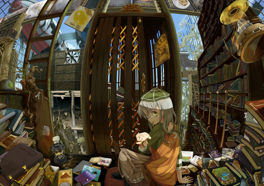 aircraft blimp blue_sky book_stack bookshelf day dirigible elevator fan glasses green_hat green_nails grey_hair handle hat highres ilis indoors lantern library long_hair medium_hair nail_polish original plant potted_plant scenery sitting sky solo