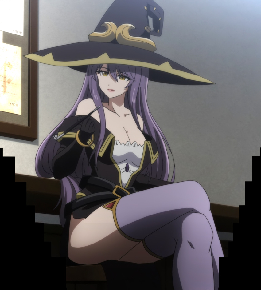 1girl bare_shoulders breasts cleavage goblin_slayer! hat large_breasts long_hair purple_eyes sorceress_(goblin_slayer!) stitched tagme thighhighs third-party_edit witch_hat yellow_eyes