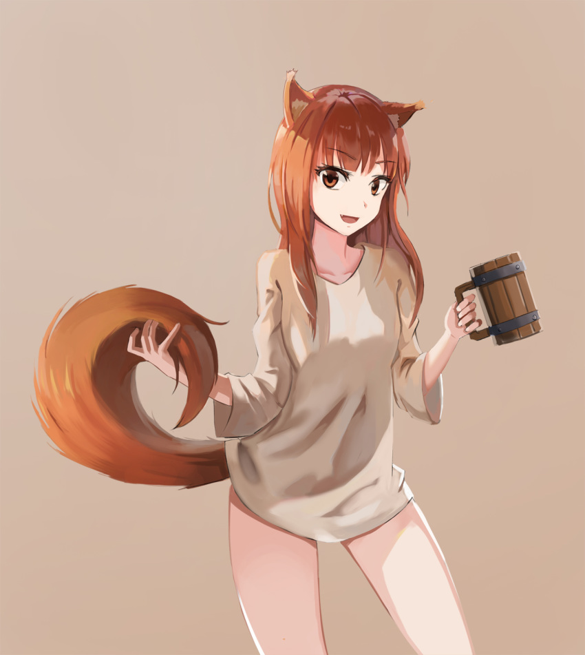 animal_ears breasts brown_eyes brown_hair cup gan-viking highres holo long_hair mug shirt simple_background small_breasts solo spice_and_wolf standing tail wolf_ears wolf_tail