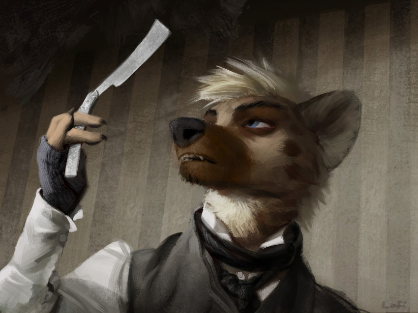 2017 anthro blue_eyes brown_fur clothed clothing fingerless_gloves fur gloves holding_object hyena lofi looking_at_object mammal open_mouth solo spots spotted_fur spotted_hyena straight_razor tan_fur