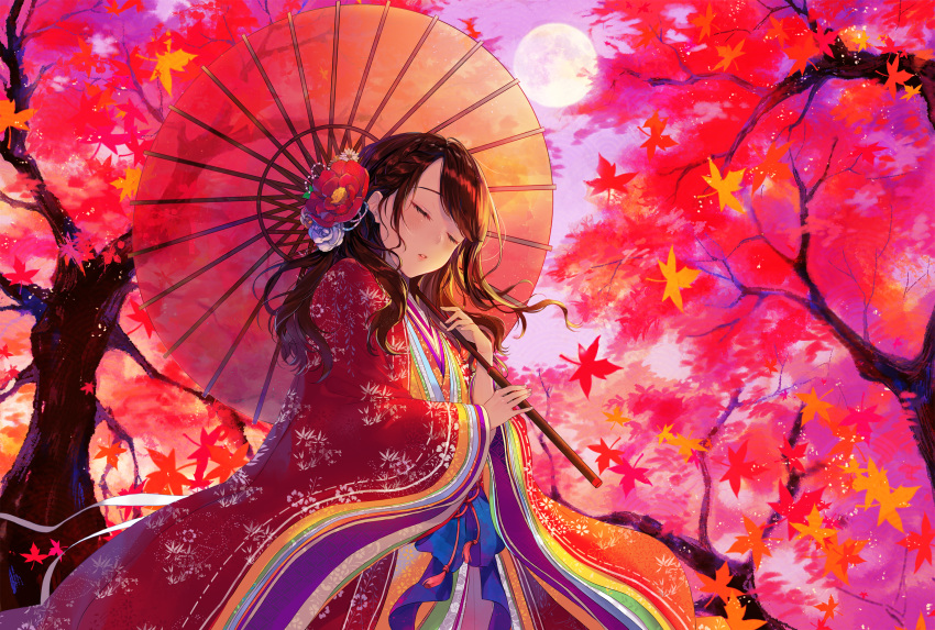 autumn japanese_clothes leaves tagme_(artist) tagme_(character) tree umbrella