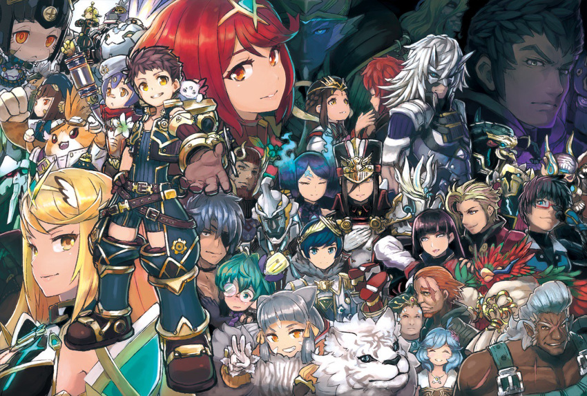 armor bangs benkei_(xenoblade_2) blonde_hair blue_eyes blush bodysuit breasts byakko_(xenoblade) closed_eyes collarbone cousins curly_hair eyepatch fan_la_norne fingerless_gloves glasses gloves hana_(xenoblade) hana_jd hana_jk hat highleg highleg_leotard hikari_(xenoblade_2) homura_(xenoblade_2) jacket kagutsuchi_(xenoblade) leotard long_hair looking_at_viewer lora_(xenoblade_2) maid mecha_musume meleph_(xenoblade) metsu_(xenoblade) military military_hat military_uniform multiple_boys multiple_girls neferu_(xenoblade) niyah open_mouth orange_eyes parted_lips pauldrons pointy_ears purple_hair red_hair reiesu_(reis) reverse_trap rex_(xenoblade_2) robot_joints saika_(xenoblade) satahiko_(xenoblade_2) shin_(xenoblade) short_hair silver_hair simple_background smile spoilers tora_(xenoblade) twintails uniform wadatsumi_(xenoblade) white_gloves white_hair xenoblade_(series) xenoblade_2 yellow_eyes yoshitsune_(xenoblade) zeke_b_arutimetto_genbu