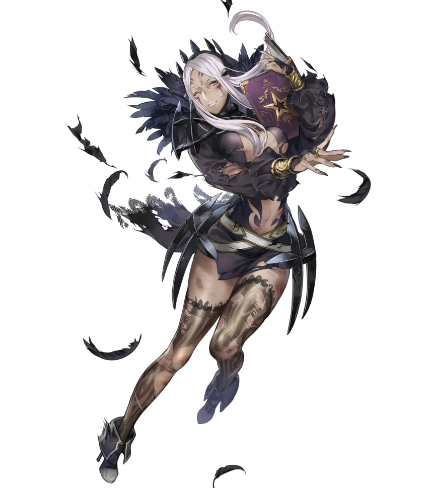 ankle_boots armor bangs black_legwear book boots bracelet breasts bridal_gauntlets cleavage clenched_teeth dark_skin detached_sleeves dress facial_mark feather_trim feathers fingernails fire_emblem fire_emblem:_kakusei fire_emblem_heroes full_body hair_ornament high_heels highres holding holding_book inverse_(fire_emblem) jewelry large_breasts long_fingernails long_hair long_sleeves navel official_art one_eye_closed open_book p-nekor parted_bangs parted_lips red_eyes scar short_dress sidelocks silver_hair solo teeth thighhighs torn_clothes torn_legwear transparent_background turtleneck zettai_ryouiki
