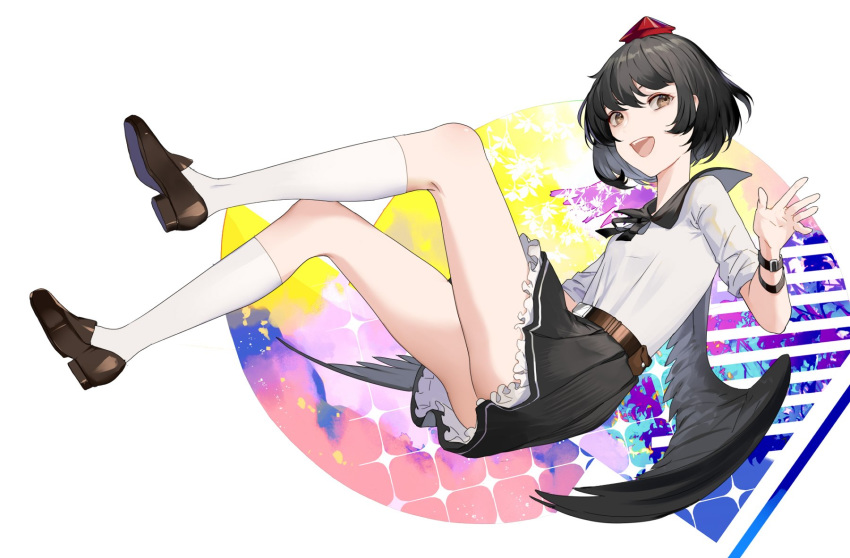 :d ass bangs belt black_hair black_neckwear black_ribbon black_sailor_collar black_skirt black_wings breasts brown_footwear brown_hair commentary eyebrows_behind_hair feathered_wings full_body hair_between_eyes hand_up hat highres hillly_(maiwetea) kneehighs knees_up long_sleeves looking_at_viewer miniskirt neck_ribbon open_mouth petticoat pleated_skirt pouch ribbon sailor_collar shameimaru_aya shirt shoes short_hair skirt small_breasts smile solo thighs tokin_hat touhou white_background white_legwear white_shirt wings wristband