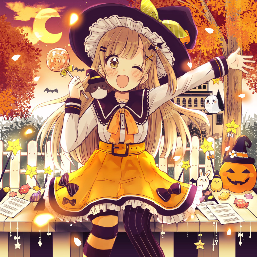 ;d animal arm_up autumn_leaves belt_buckle bird black_hat black_sailor_collar blush bow brown_eyes buckle bunny candy candy_wrapper chick cloud collarbone commentary_request crescent_moon food green_ribbon hair_ornament hairclip halloween hat hat_ribbon head_tilt highres holding holding_food holding_lollipop jack-o'-lantern light_brown_hair lollipop long_hair long_sleeves mismatched_legwear moon one_eye_closed open_mouth orange_belt orange_bow orange_skirt original outdoors outstretched_arm pantyhose paper ribbon sailor_collar sakura_oriko school_uniform serafuku shirt skirt smile solo star starry_moon striped striped_legwear sunset swirl_lollipop tree vertical-striped_legwear vertical_stripes very_long_hair wand white_shirt witch_hat x_hair_ornament