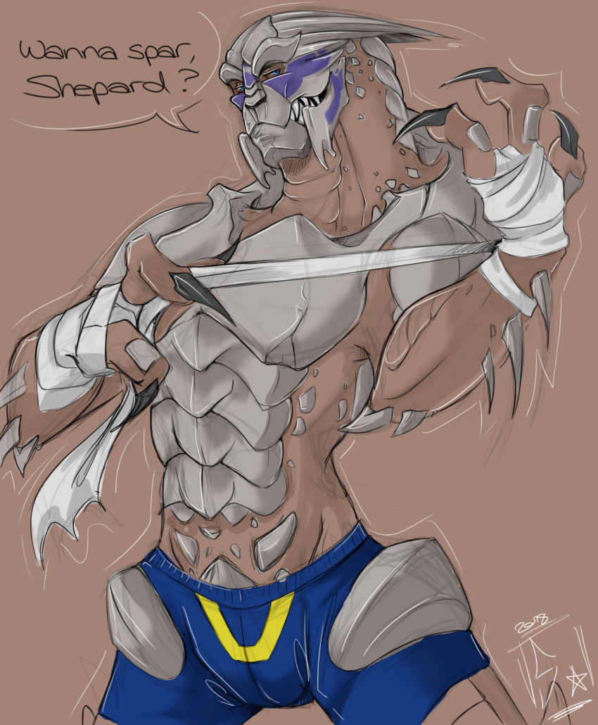 2018 alien claws clothed clothing digital_media_(artwork) facial_markings garrus_vakarian hand_wraps male markings mass_effect muscular muscular_male pinup pose saphistar-tries-to-art sharp_teeth shorts teeth text turian video_games wraps