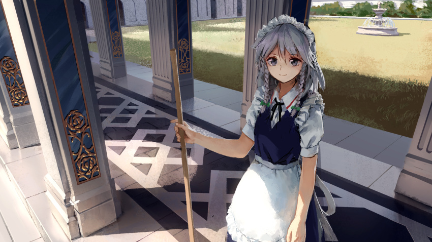 apron bangs black_neckwear black_ribbon blue_dress book bow braid broom collared_shirt commentary cowboy_shot day dress fingernails floor fountain grass grey_eyes hair_between_eyes hair_bow highres holding holding_broom izayoi_sakuya looking_at_viewer maid_apron maid_headdress neck_ribbon outdoors pillar puffy_short_sleeves puffy_sleeves ribbon shirt short_sleeves silver_hair sleeping smile solo standing touhou treeware twin_braids waist_apron wallpaper white_shirt