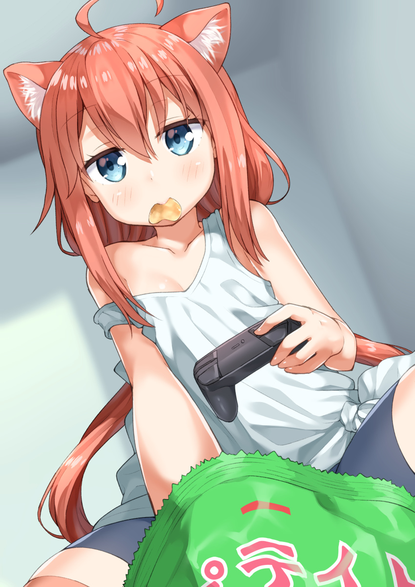 absurdres ahoge animal_ears bike_shorts blue_eyes cat_ears chips collarbone commentary_request controller eyes_visible_through_hair food food_in_mouth game_controller hair_between_eyes highres hinata_channel long_hair looking_at_viewer low_twintails miyabi_(miyabeeya) mouth_hold nekomiya_hinata potato_chips red_hair sitting solo strap_slip tank_top twintails very_long_hair virtual_youtuber white_tank_top