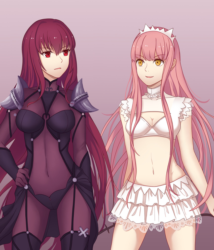 2girls ain_(3990473) arm arm_at_side arm_behind_back bangs bare_arms bare_legs blunt_bangs bodysuit breasts bustier cleavage cleavage_cutout contrapposto cowboy_shot crown eyebrows_visible_through_hair fate/grand_order fate_(series) female frilled_skirt frills hair_between_eyes hand_on_hip highres legs long_hair looking_at_another medb_(fate)_(all) medb_(fate/grand_order) medium_breasts midriff miniskirt multiple_girls navel neck open_mouth pauldrons pink_hair purple_bodysuit purple_hair red_eyes scathach_(fate)_(all) scathach_(fate/grand_order) shoulder_pads side-by-side sidelocks skirt sleeveless smile standing tears type-moon very_long_hair whip white_clothes white_skirt yellow_eyes