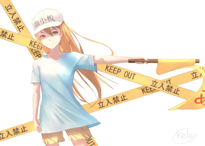 absurdres blonde_hair blue_shirt brown_eyes character_name cowboy_shot flag floating_hair hair_between_eyes hat hataraku_saibou highres holding holding_flag long_hair outstretched_arm platelet_(hataraku_saibou) relayrl serious shirt short_shorts short_sleeves shorts simple_background solo standing very_long_hair white_background white_hat yellow_shorts