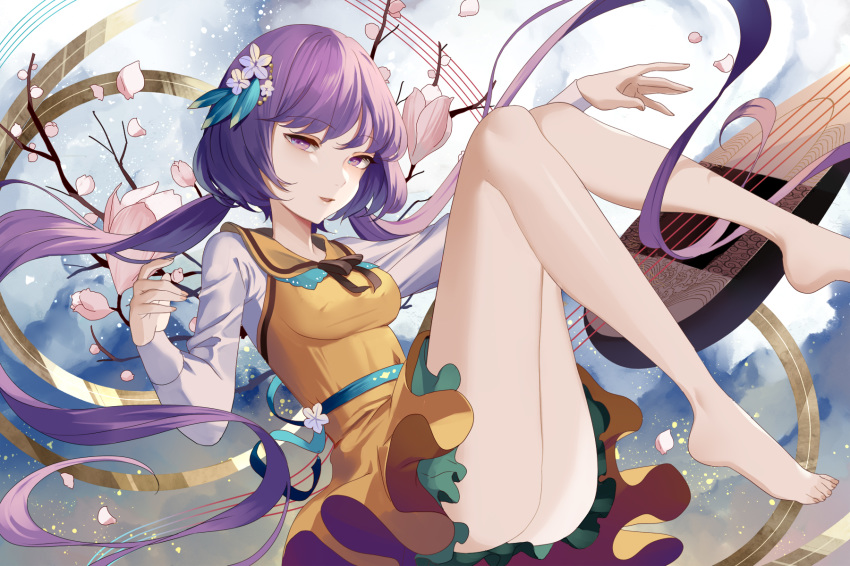 arm_up ass bangs bare_legs barefoot biwa_lute black_neckwear black_ribbon blue_sash branch breasts cherry_blossoms cloude commentary dress eyebrows_visible_through_hair feet_out_of_frame flower hair_flower hair_ornament hand_up highres hillly_(maiwetea) instrument leaf light_particles long_hair long_sleeves looking_at_viewer low_twintails lute_(instrument) medium_breasts neck_ribbon parted_lips petals petticoat purple_eyes purple_hair ribbon sash shirt short_dress smile solo staff_(music) thighs touhou tsukumo_benben twintails white_flower white_shirt yellow_dress