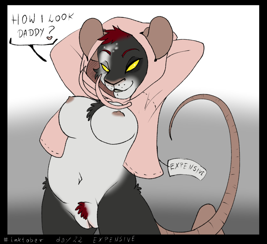 anthro belly big_breasts bottomless breasts clothed clothing dialogue digital_media_(artwork) female fur hair ineffective_clothing inktober mammal nipples nude partially_clothed pubes pussy rat rodent simple_background slightly_chubby smile solo text twitter_hoodie wetbun yellow_eyes