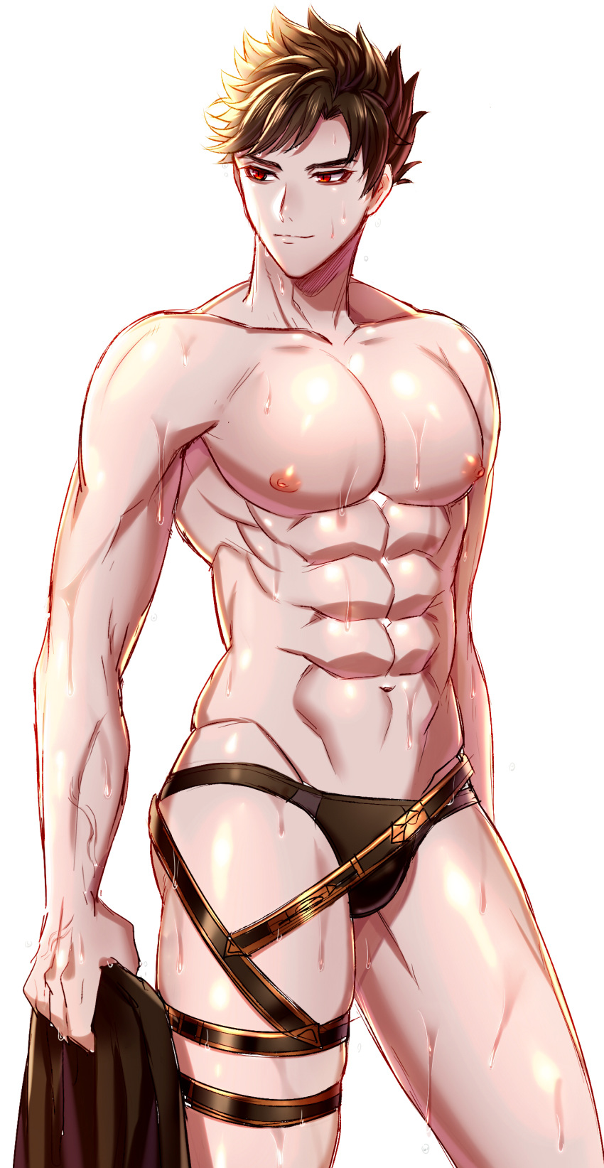 abs absurdres belial_(granblue_fantasy) black_hair chest chiharudaaaaaaa closed_mouth contrapposto granblue_fantasy highres male_focus male_swimwear nipples red_eyes simple_background solo swim_briefs swimsuit swimwear toned toned_male wet white_background