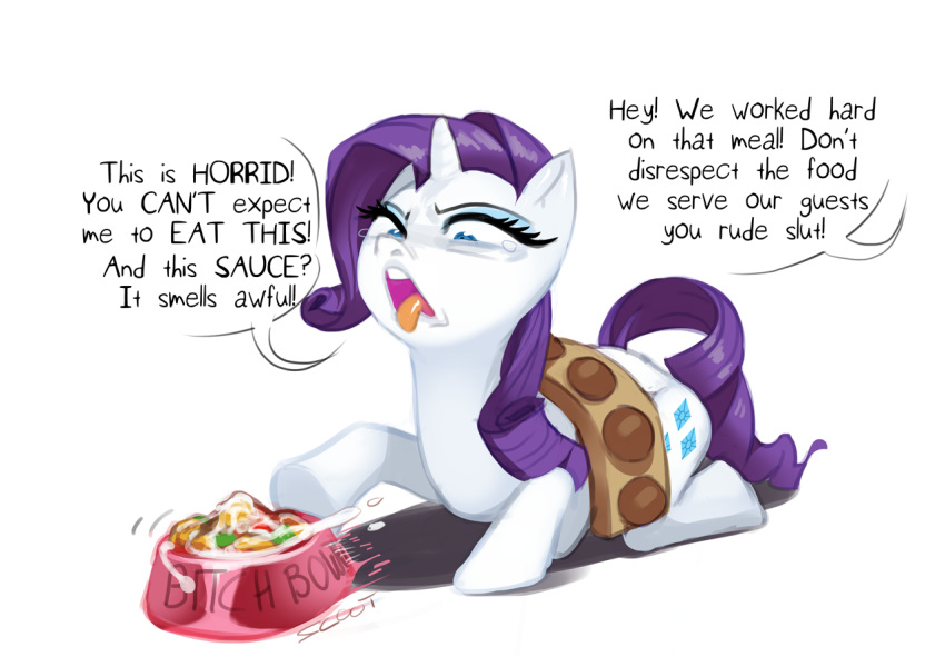 blue_eyes bowl cum cum_on_food dialogue disgust equine food_bowl friendship_is_magic horn mammal my_little_pony polyle rarity_(mlp) simple_background tongue tongue_out unicorn white_background wide_eyed