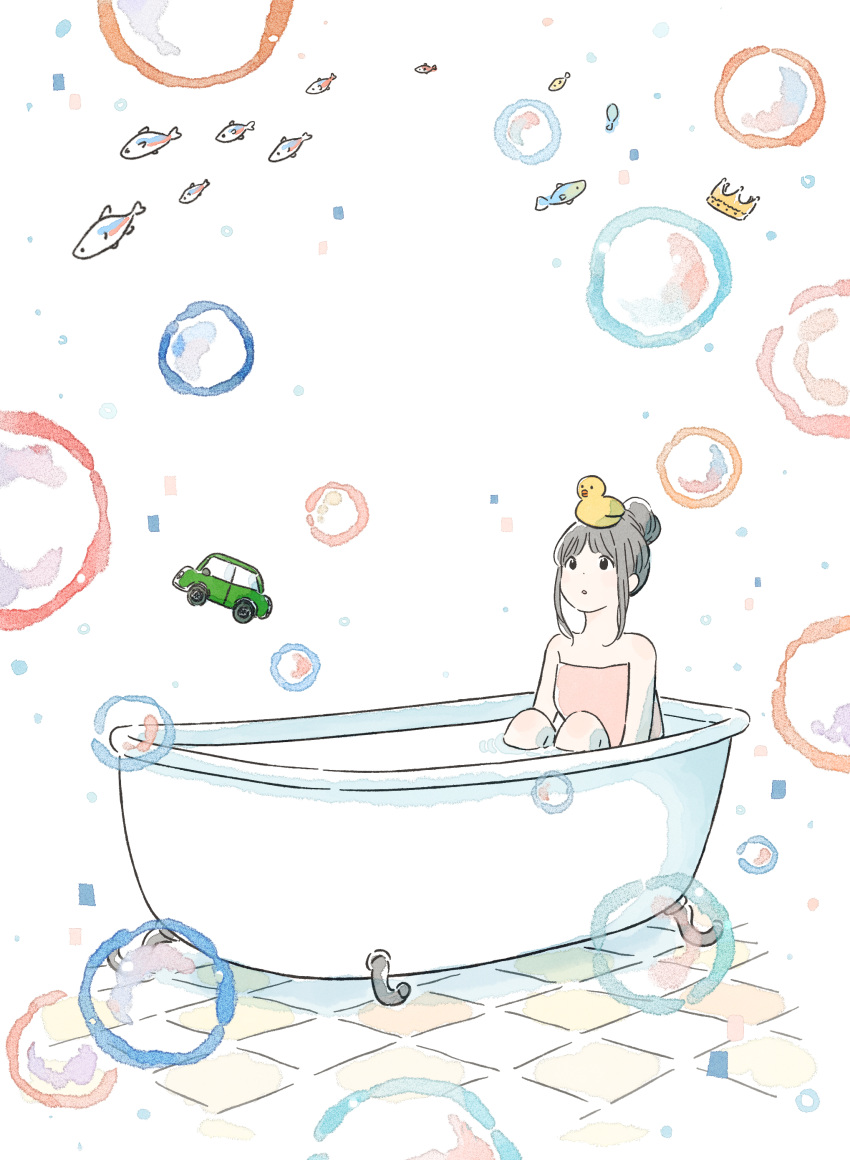 1girl absurdres animal bath bathroom bathtub black_hair bubble character_request crown dot_nose expressionless fish floating floating_object hair_bun highres itunohika knees_to_chest knees_up looking_up naked_towel object_on_head on_head parted_lips partially_submerged rubber_duck sidelocks sitting soap_bubbles solo tareme tile_floor tiles towel toy toy_car water white_background yukkuri_juu_made