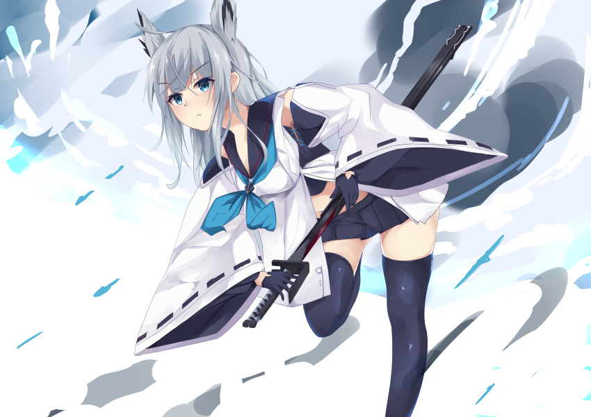 absurdres animal_ears armpit_peek azur_lane black_gloves black_legwear black_sailor_collar blue_neckwear closed_mouth eyebrows_visible_through_hair gloves grey_hair highres holding holding_sword holding_weapon katana kawakaze_(azur_lane) leaning_forward leg_up long_hair long_sleeves looking_away miniskirt navel necktie nighttsound pleated_skirt ready_to_draw sailor_collar sheath shirt sidelocks simple_background skirt solo standing standing_on_one_leg sword thighhighs unsheathing v-shaped_eyebrows weapon white_shirt wide_sleeves zettai_ryouiki