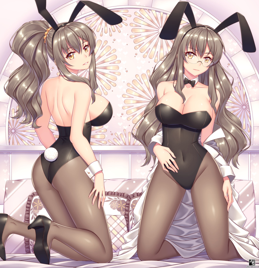2girls animal_ears arms_at_sides ass bangs bare_arms bare_shoulders bed bed_frame bed_sheet black_bow black_footwear black_hairband black_leotard black_neckwear bow bowtie breasts brown_legwear bunny_ears bunny_tail bunnysuit character_request closed_mouth commentary_request covered_navel dated detached_collar eyebrows_visible_through_hair fake_animal_ears fake_tail from_behind futaba_rio glasses hair_ornament hair_scrunchie hairband hand_on_own_stomach hand_on_own_thigh head_tilt high_heels high_ponytail highleg highleg_leotard kneeling large_breasts leotard light_frown long_hair long_sleeves looking_at_viewer looking_back multiple_girls off_shoulder on_bed open_clothes open_shirt pantyhose parted_lips pillow rimless_eyewear scrunchie seishun_buta_yarou shirt shoulder_blades sideboob strapless strapless_leotard tail wavy_hair white_shirt wrist_cuffs yellow_eyes zerg309