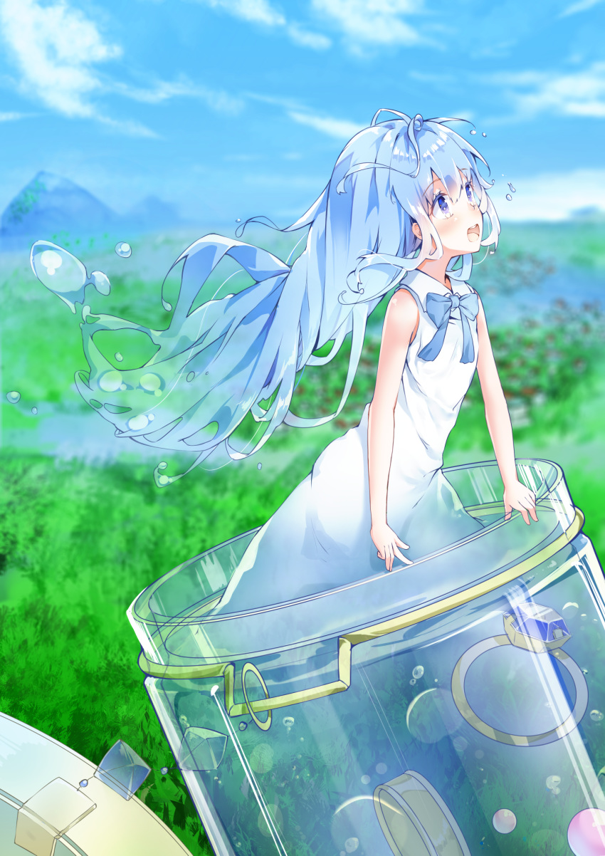 :d bare_arms bare_shoulders blue_bow blue_eyes blue_hair blue_sky blurry blurry_background blush bow cloud day depth_of_field dress from_side gem goo_girl highres immersed jewelry liquid_hair long_hair looking_away merc_(merc_storia) merc_storia monster_girl mountain open_mouth outdoors ring round_teeth shiraki_shiori sky sleeveless sleeveless_dress smile solo teeth transparent upper_teeth very_long_hair water white_dress