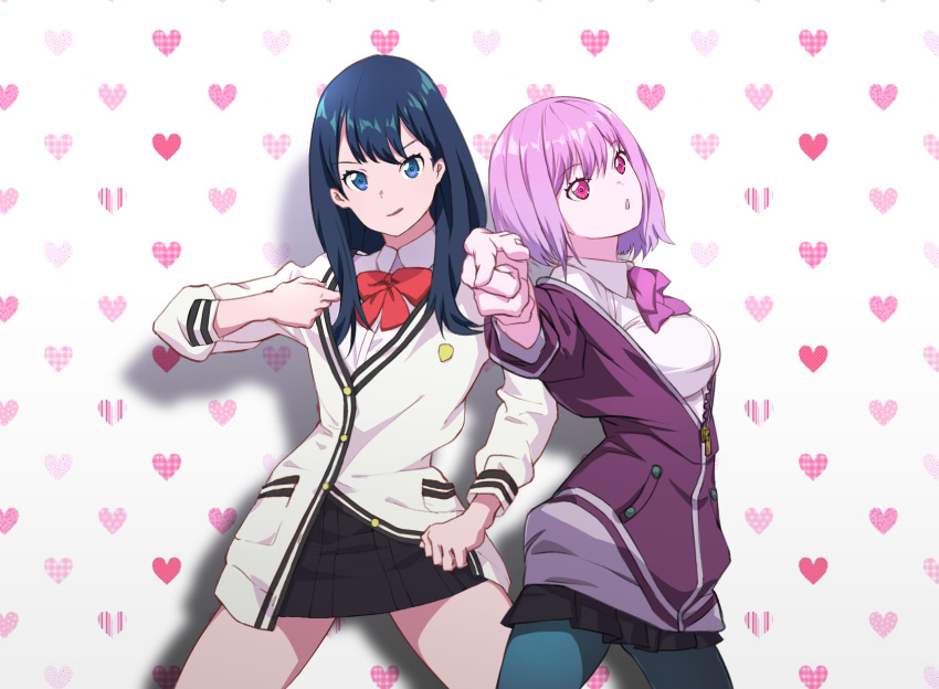 bangs black_hair black_skirt blue_eyes blue_legwear bow bowtie breasts buttons chinese_commentary collared_shirt commentary_request dress_shirt giorno_giovanna heart heart_background highres hips jacket jojo_no_kimyou_na_bouken jojo_pose kuujou_joutarou large_breasts lavender_hair long_hair looking_at_viewer multiple_girls open_mouth pantyhose parody pleated_skirt pointing pose purple_jacket red_eyes red_neckwear season_connection shinjou_akane shirt short_hair shou_xian_wu skirt smile ssss.gridman stardust_crusaders sweater swept_bangs takarada_rikka thighs vento_aureo white_background white_sweater