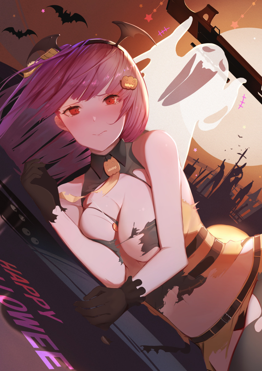 absurdres alternate_costume bangs bat bat_hair_ornament belt bipod black_gloves black_legwear blush breasts bullpup cleavage closed_mouth commentary_request damaged food_themed_hair_ornament ghost girls_frontline gloves gun hair_ornament hair_ribbon hairband halloween highres isaka_wasabi large_breasts long_hair looking_at_viewer lying on_ground one_side_up pantyhose pumpkin_hair_ornament purple_hair red_eyes ribbon rifle shirt sidelocks skirt sniper_rifle solo tearing_up torn_clothes torn_legwear very_long_hair wa2000_(girls_frontline) walther walther_wa_2000 weapon