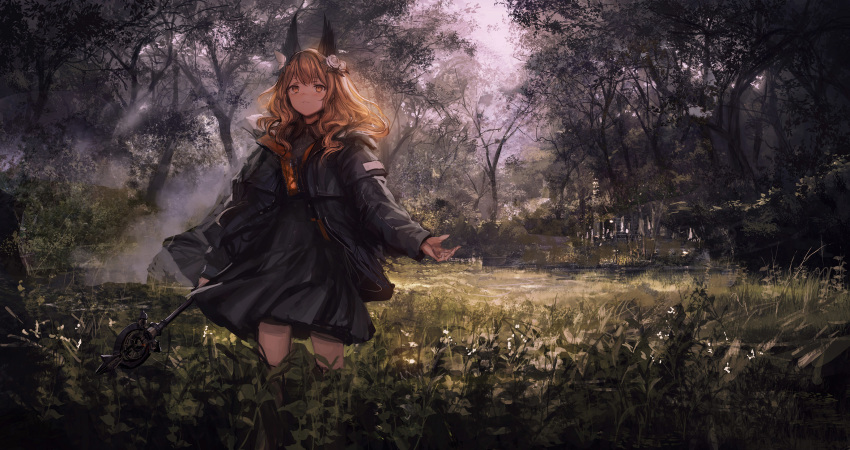 absurdres animal_ears arm_at_side bangs black_dress black_jacket brown_eyes brown_hair closed_mouth day dress expressionless flower forest grass hair_flower hair_ornament highres holding holding_wand jacket lavender_quartz lm7_(op-center) long_hair long_sleeves looking_up nature open_clothes open_jacket outdoors outstretched_hand plant sky solo stairs standing torabishi_lana tree wand wavy_hair white_flower zipper