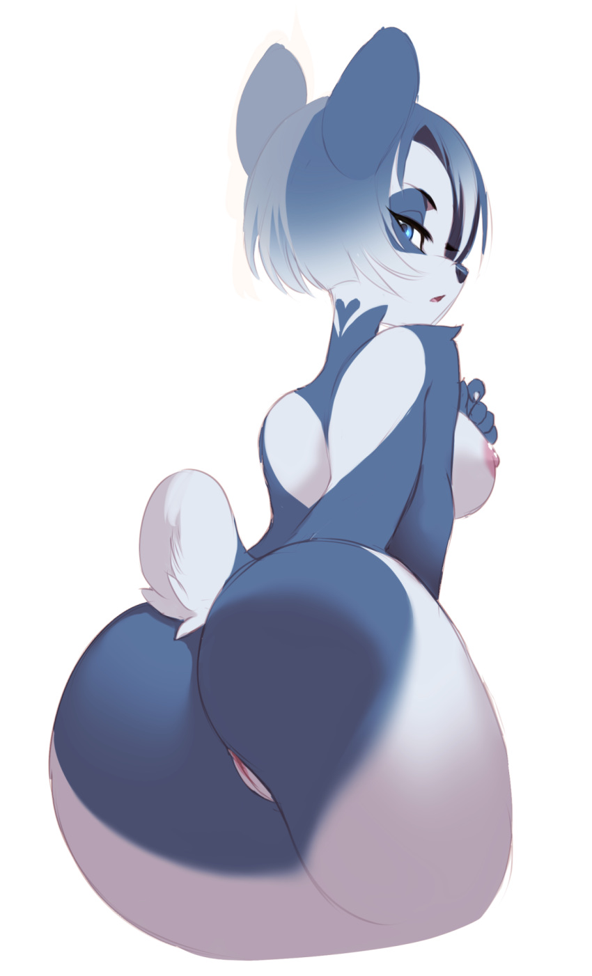 &lt;3 2016 anthro bear blue_eyes blue_hair breasts butt butt_heart delphi female hair hand_on_breast kanel looking_at_viewer looking_back mammal nipples nude open_mouth panda portrait pussy rear_view short_hair side_boob simple_background solo three-quarter_portrait white_background