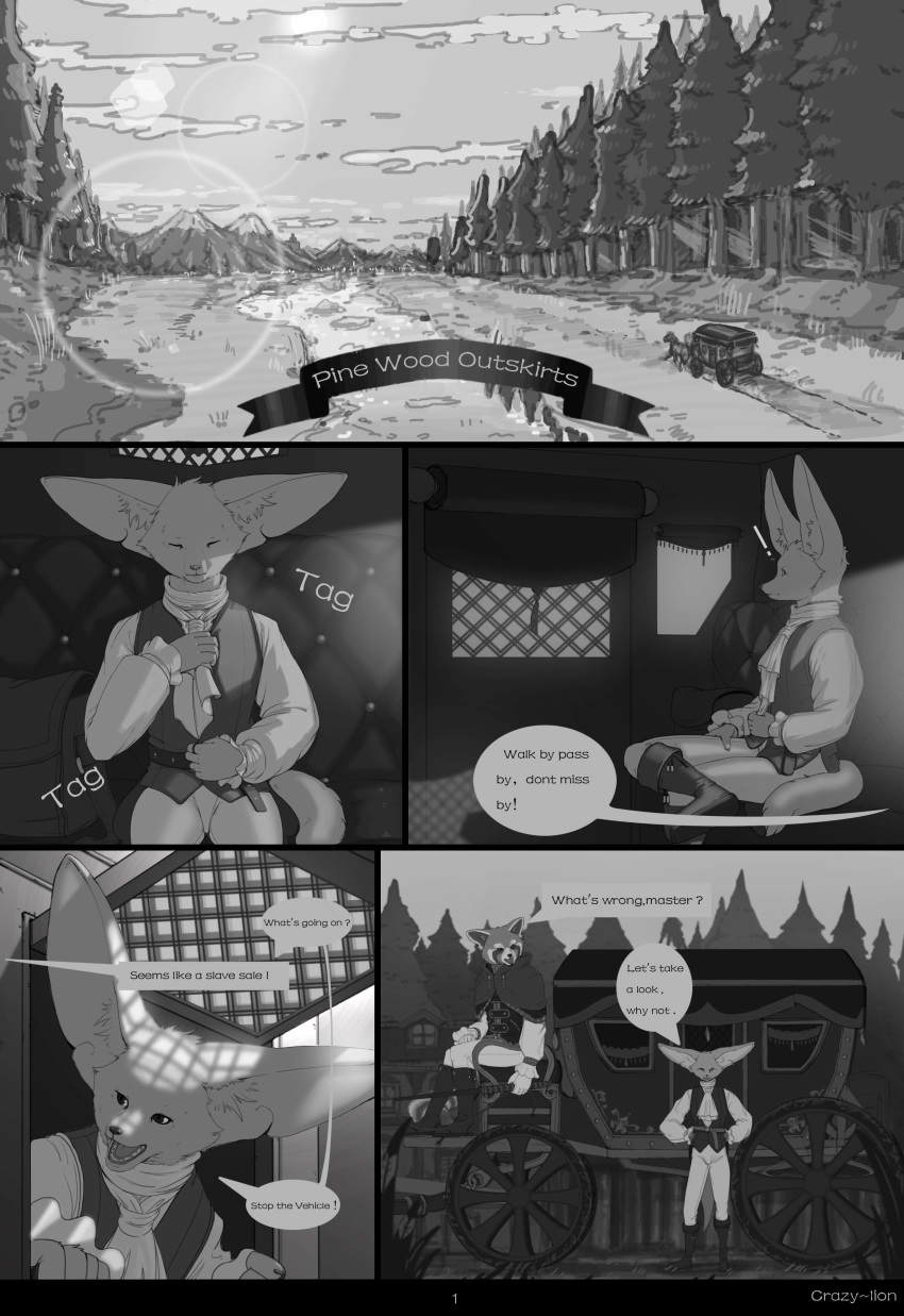 black_and_white canid canine clothed clothing comic english_text fennec fox hi_res kzlion male mammal monochrome text vest wagon