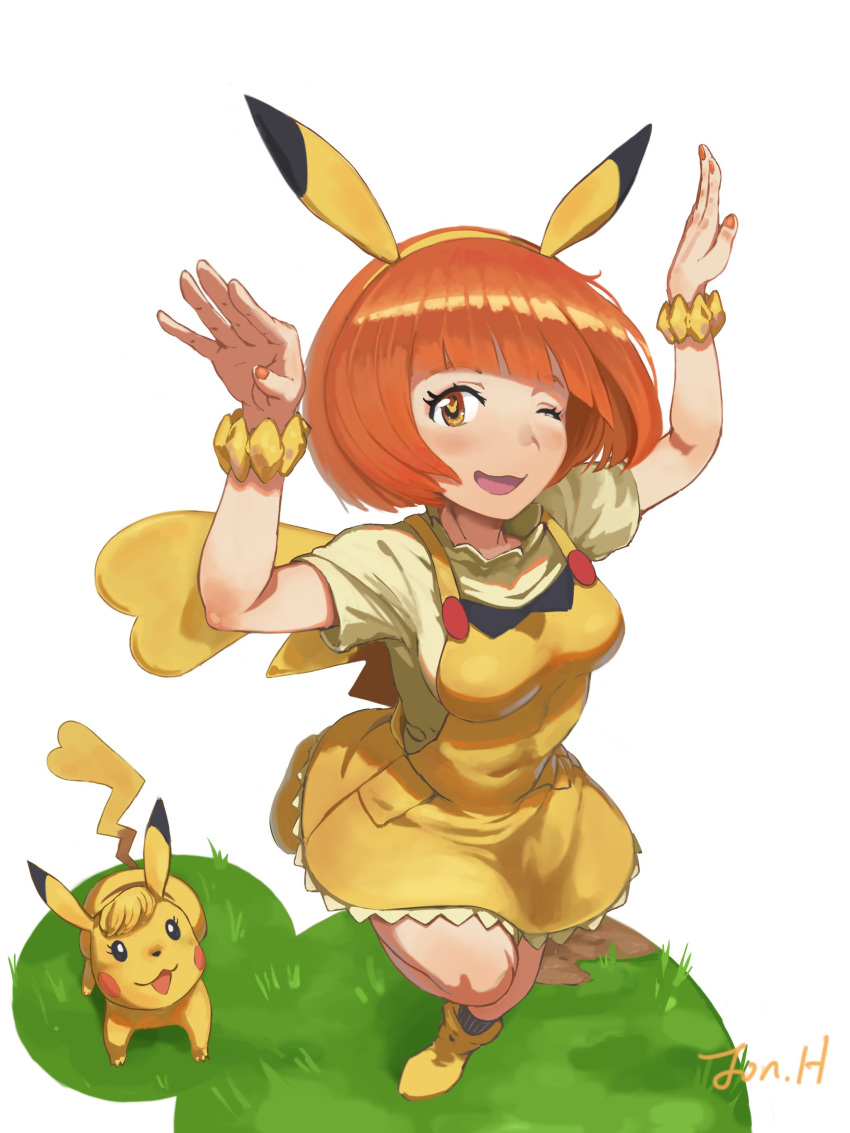 absurdres animal_ears bangs blunt_bangs bob_cut bracelet breasts commentary_request cosplay dress fake_animal_ears gen_1_pokemon grass hairband heart heart_tail highres jewelry jonathan_h looking_at_viewer nail_polish on_grass open_mouth orange_eyes orange_hair orange_nails outdoors pikachu pikachu_(cosplay) pikachu_ears pikachu_girl pikachu_tail pikarla pokemon pokemon_(anime) pokemon_(creature) pokemon_ears pokemon_sm_(anime) red_hair sexual_dimorphism shirt short_hair short_sleeves tail yellow_footwear yellow_hairband yellow_shirt