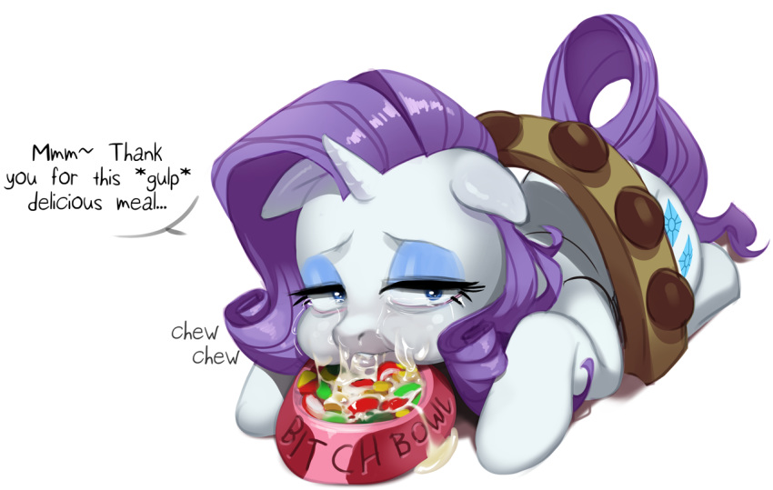 blue_eyes bowl crying cum cum_on_food dialogue disgust eating equine food food_bowl food_play forced friendship_is_magic horn looking_at_viewer mammal my_little_pony polyle rarity_(mlp) simple_background tears tongue tongue_out unicorn white_background