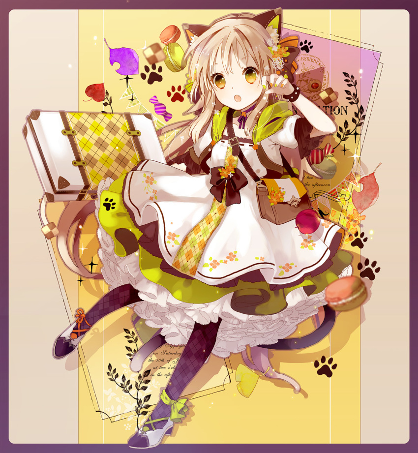 :o animal_ears apple bag bangs blonde_hair bow bracelet briefcase candy cat_ears cat_tail checkerboard_cookie checkered checkered_legwear choker commentary_request cookie dress eyebrows_visible_through_hair fake_animal_ears fang fingernails floral_print flower food framed frilled_dress frills fruit full_body green_nails hair_flower hair_ornament hairband highres jewelry leaf long_hair looking_at_viewer macaron multicolored multicolored_nails nail_polish open_mouth orange_nails original pantyhose paw_pose paw_print ribbon_choker shoes short_sleeves shoulder_bag solo tail very_long_hair yellow_eyes yuzuyomogi