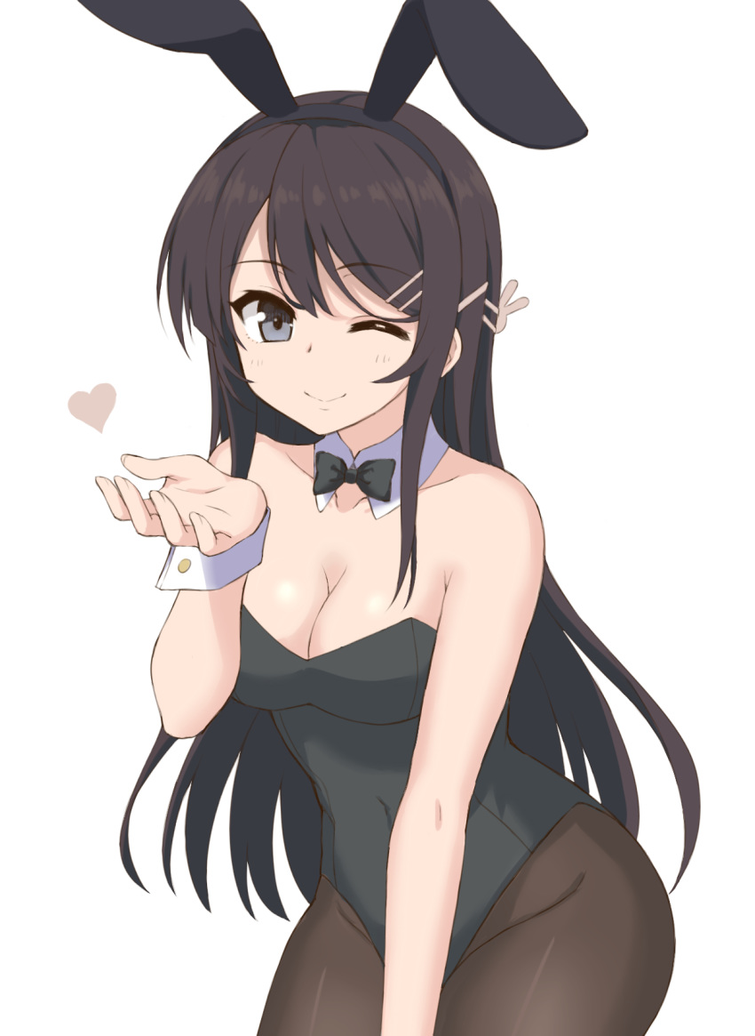 ;) animal_ears black_eyes black_hair black_legwear black_leotard black_neckwear blown_kiss bow bowtie breasts bunny_ears bunny_girl bunnysuit cleavage cowboy_shot detached_collar highres leotard long_hair looking_at_viewer medium_breasts one_eye_closed pantyhose sakurajima_mai seishun_buta_yarou simple_background smile solo strapless strapless_leotard white_background wrist_cuffs xingnai