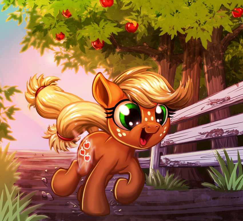 2018 apple_tree applejack_(mlp) cutie_mark earth_pony equine female fence feral freckles friendship_is_magic harwick horse mammal my_little_pony open_mouth outside pony smile solo tree